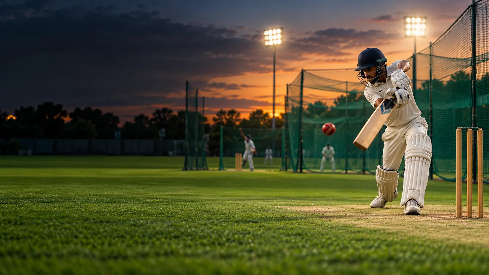 Cricket player practising batting on a green training ground