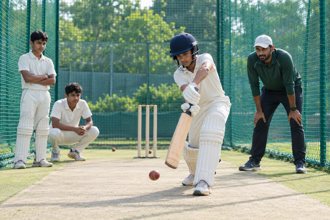 Young cricket players practising batting with a coach